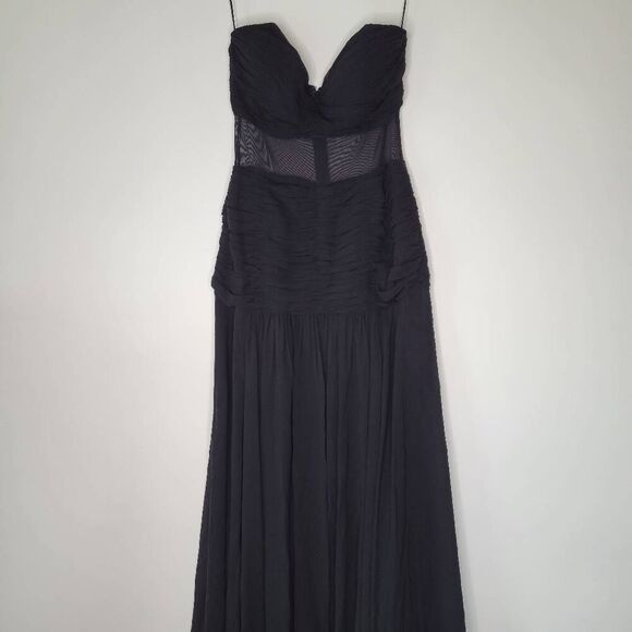Vintage 100% Silk Strapless Evening Gown Black Caché Mesh Waist 8 - Picture 2 of 10